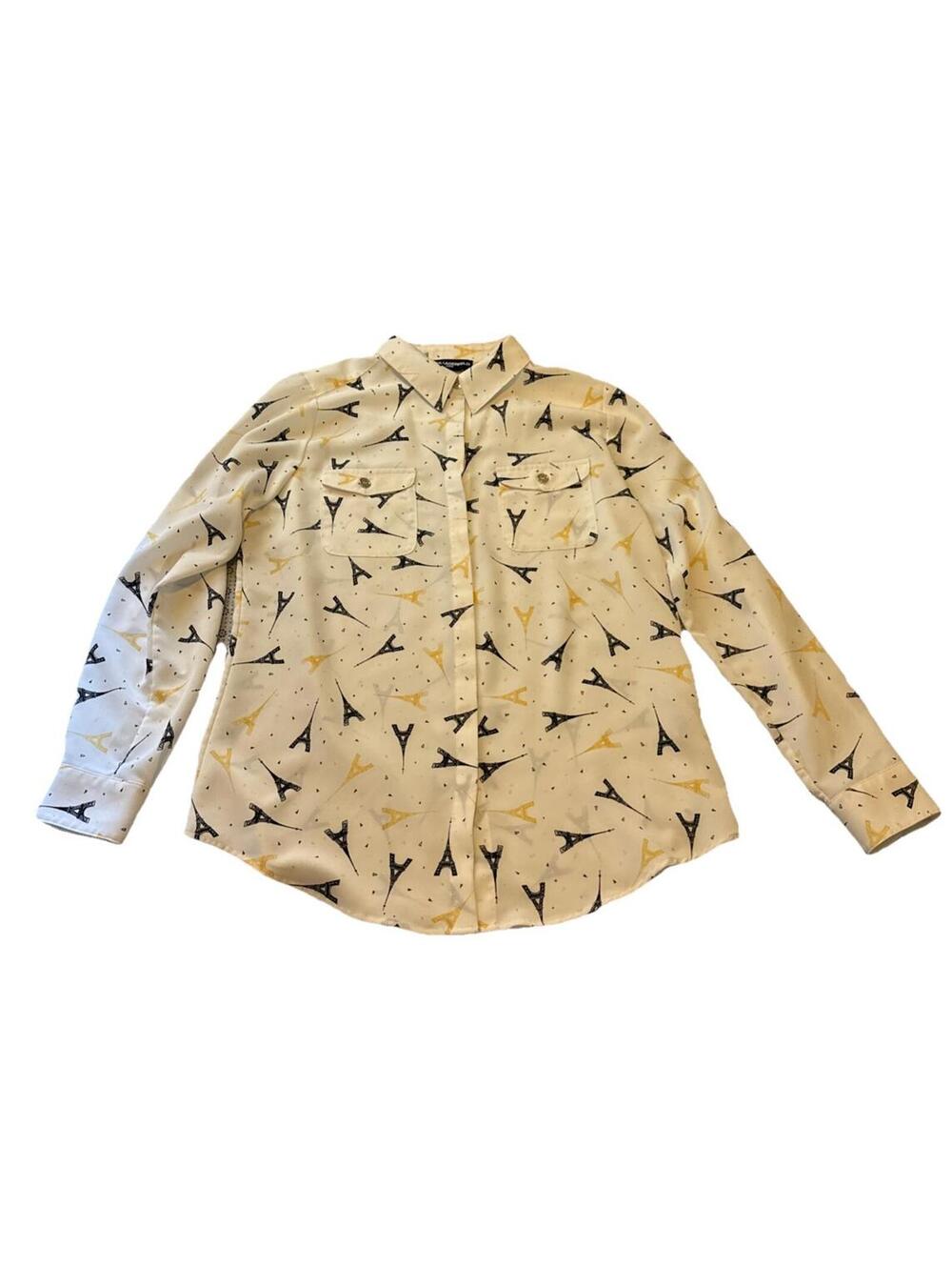 Karl Lagerfeld Paris Long Sleeve Blouse Top Eiffel Tower Print Button Front Sz S